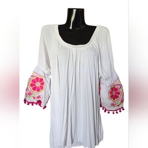 Boho Cream Long Top with Embroidery And Pom Pom Trim